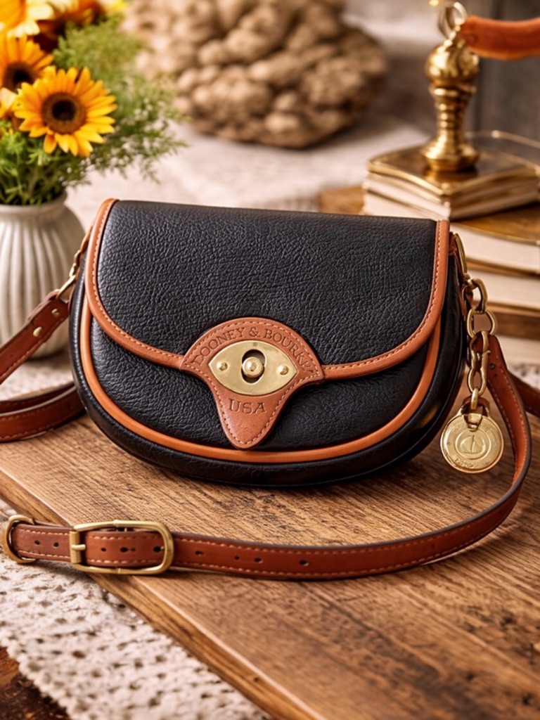 Dooney & Bourke 1980's Cavalry Trooper Vintage Black -Tan Leather Saddle Bag